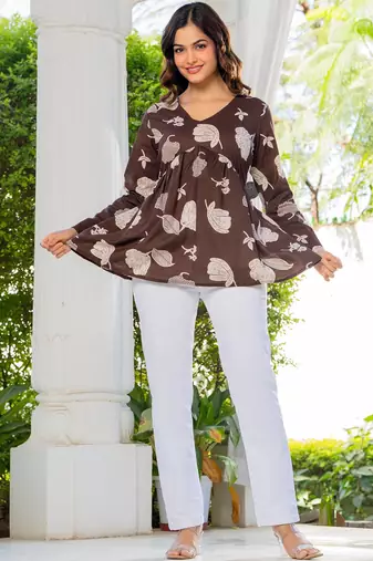 Womens brown self design cotton fabric kurtis 3/4 sleeves v-neck