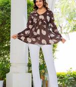 Womens brown self design cotton fabric kurtis 3/4 sleeves v-neck