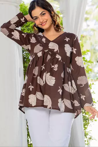 Womens brown self design cotton fabric kurtis 3/4 sleeves v-neck