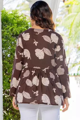 Womens brown self design cotton fabric kurtis 3/4 sleeves v-neck