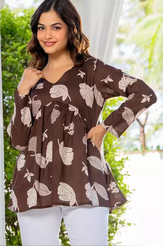 Womens brown self design cotton fabric kurtis 3/4 sleeves v-neck