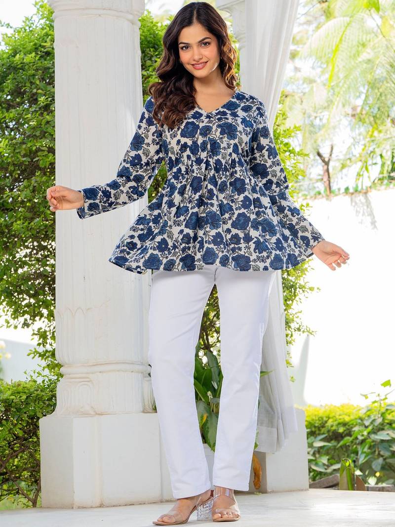 Womens white self design cotton fabric kurtis 3/4 sleeves v-neck