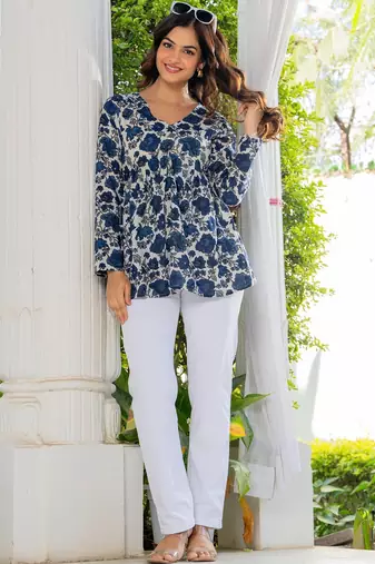 Womens white self design cotton fabric kurtis 3/4 sleeves v-neck