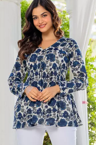 Womens white self design cotton fabric kurtis 3/4 sleeves v-neck