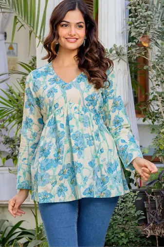Womens off white self design cotton fabric kurtis 3/4 sleeves v-neck