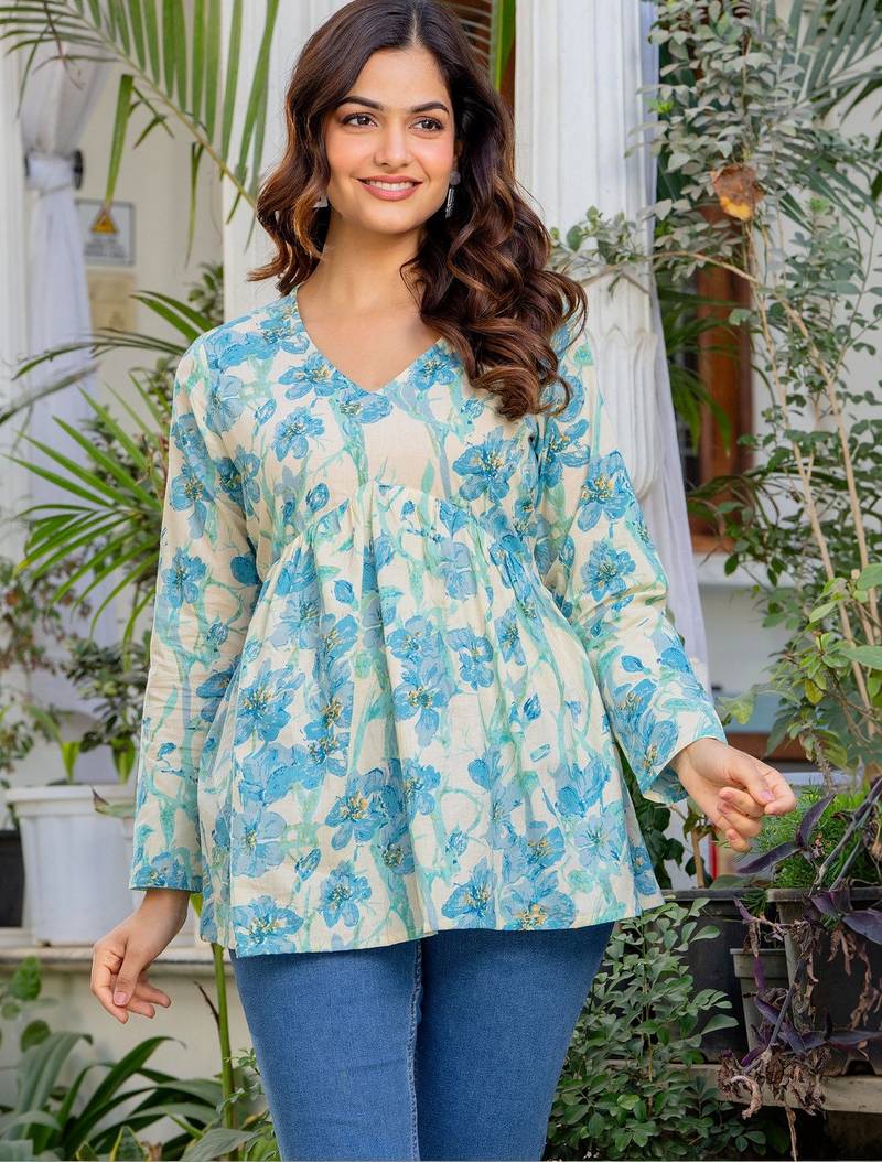 Womens off white self design cotton fabric kurtis 3/4 sleeves v-neck