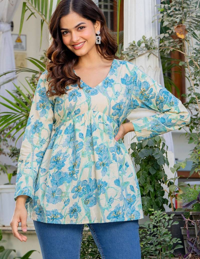 Womens off white self design cotton fabric kurtis 3/4 sleeves v-neck