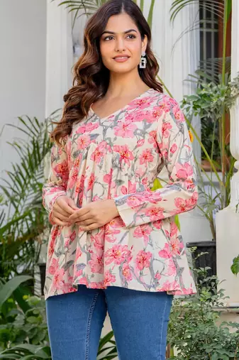 Womens off white self design cotton fabric kurtis 3/4 sleeves v-neck