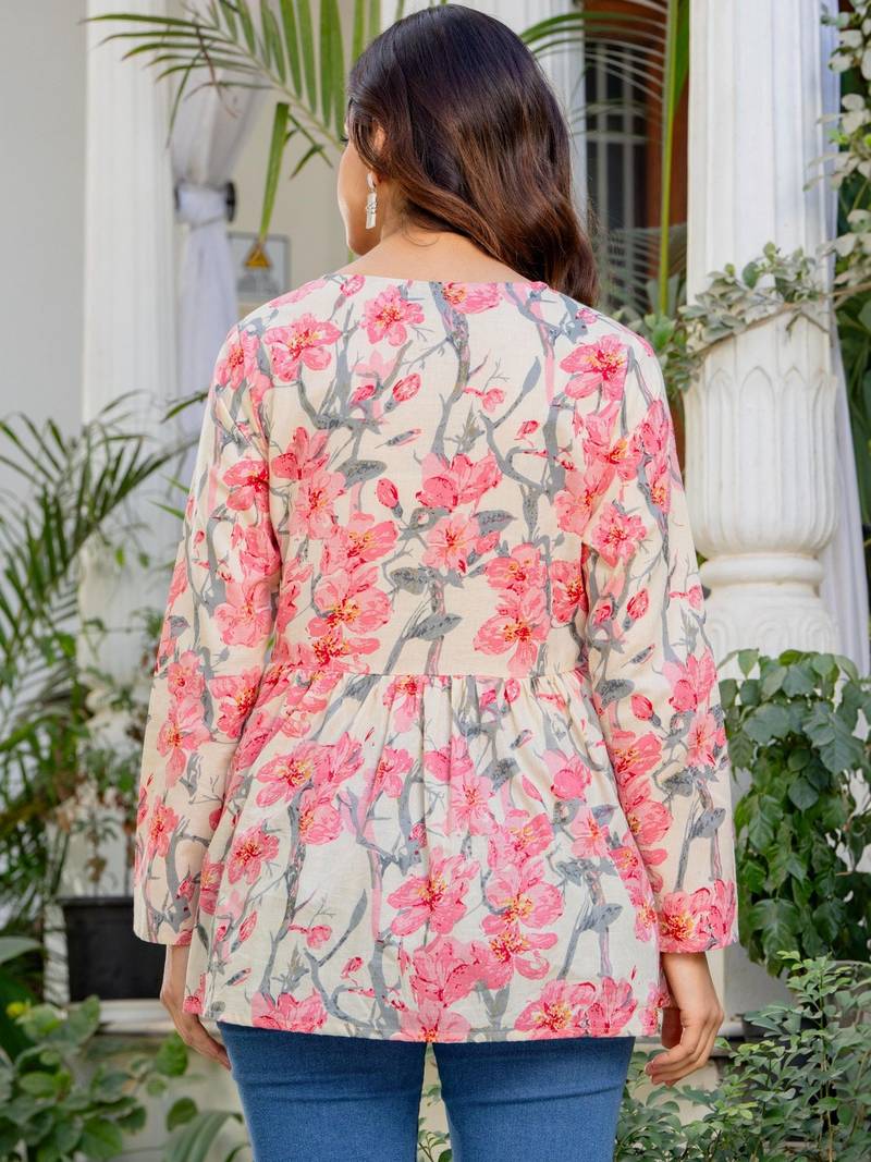 Womens off white self design cotton fabric kurtis 3/4 sleeves v-neck