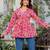 Womens magenta self design cotton fabric kurtis 3/4 sleeves v-neck