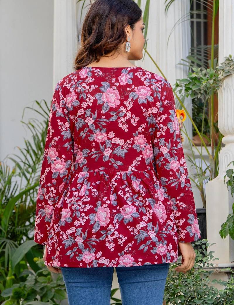 Womens maroon self design cotton fabric kurtis 3/4 sleeves v-neck