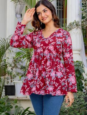 Womens maroon self design cotton fabric kurtis 3/4 sleeves v-neck 5