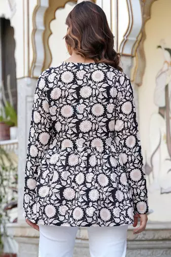 Womens black self design cotton fabric kurtis 3/4 sleeves v-neck