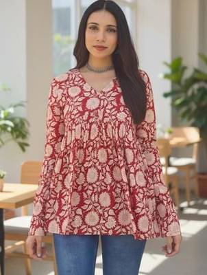 Womens maroon self design cotton fabric kurtis 3/4 sleeves v-neck 1