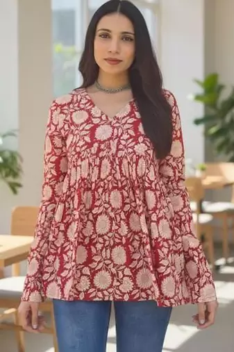Womens maroon self design cotton fabric kurtis 3/4 sleeves v-neck