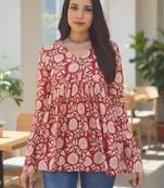 Womens maroon self design cotton fabric kurtis 3/4 sleeves v-neck