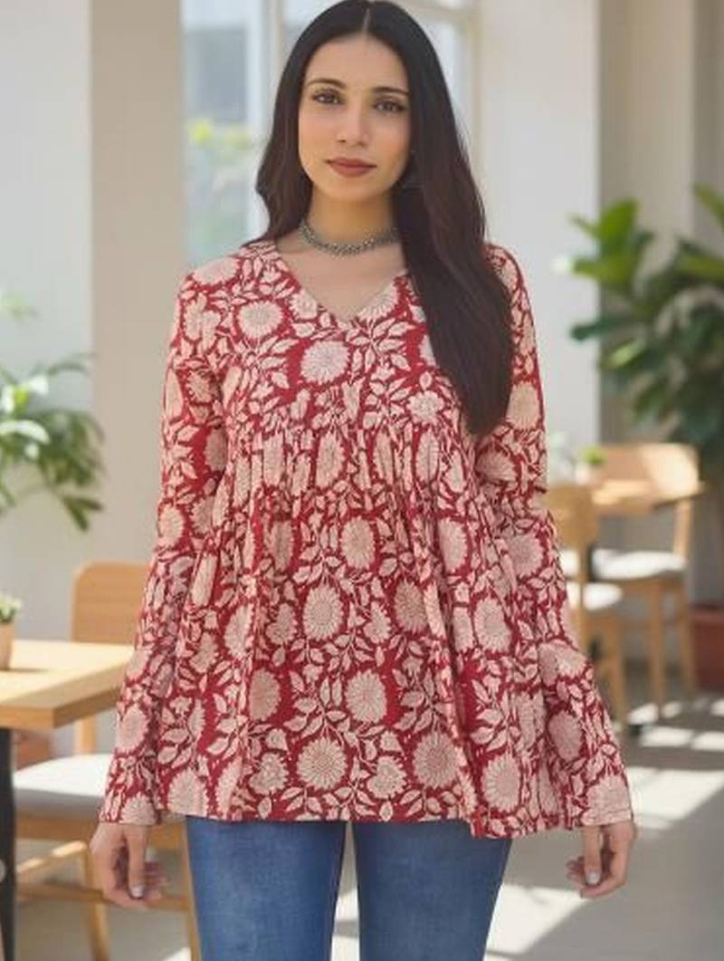 Womens maroon self design cotton fabric kurtis 3/4 sleeves v-neck