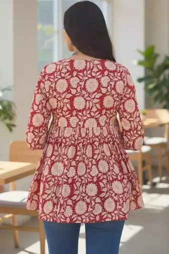 Womens maroon self design cotton fabric kurtis 3/4 sleeves v-neck