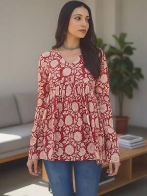 Womens maroon self design cotton fabric kurtis 3/4 sleeves v-neck 4