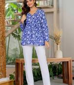 Womens blue self design cotton fabric kurtis 3/4 sleeves v-neck