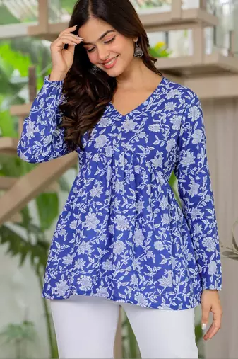 Womens blue self design cotton fabric kurtis 3/4 sleeves v-neck