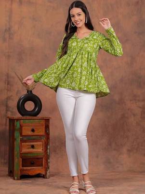 Womens lime green self design cotton fabric kurtis 3/4 sleeves v-neck 1