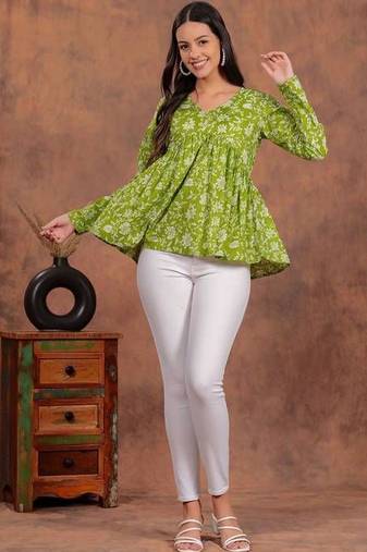 Womens lime green self design cotton fabric kurtis 3/4 sleeves v-neck