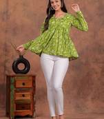 Womens lime green self design cotton fabric kurtis 3/4 sleeves v-neck
