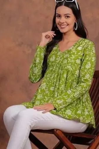 Womens lime green self design cotton fabric kurtis 3/4 sleeves v-neck