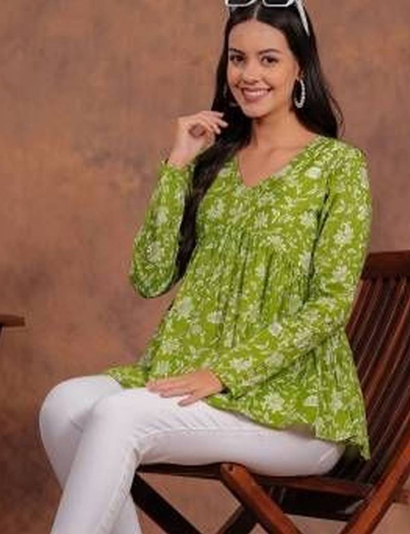 Womens lime green self design cotton fabric kurtis 3/4 sleeves v-neck