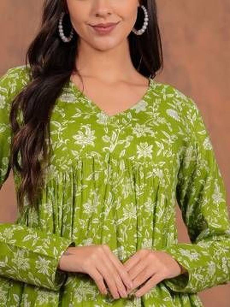 Womens lime green self design cotton fabric kurtis 3/4 sleeves v-neck