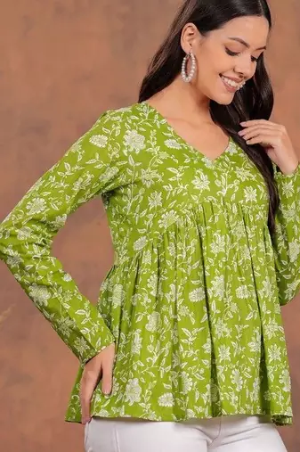 Womens lime green self design cotton fabric kurtis 3/4 sleeves v-neck