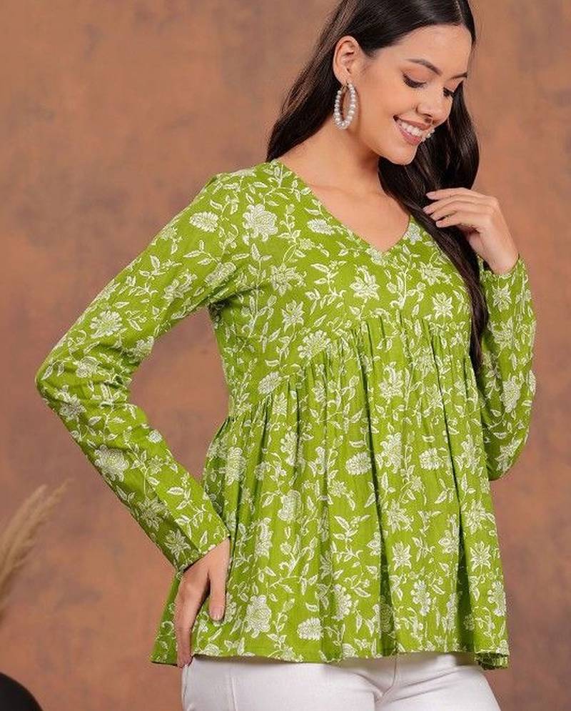 Womens lime green self design cotton fabric kurtis 3/4 sleeves v-neck