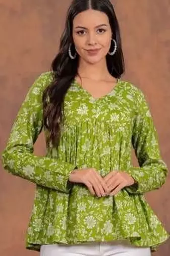 Womens lime green self design cotton fabric kurtis 3/4 sleeves v-neck