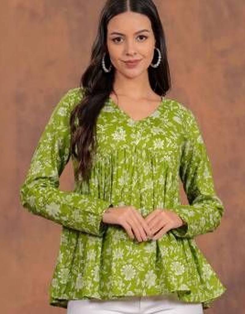 Womens lime green self design cotton fabric kurtis 3/4 sleeves v-neck
