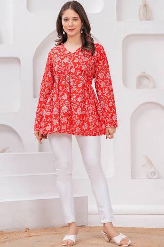 Womens red self design cotton fabric kurtis 3/4 sleeves v-neck