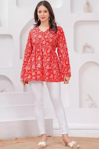 Womens red self design cotton fabric kurtis 3/4 sleeves v-neck