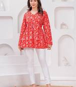 Womens red self design cotton fabric kurtis 3/4 sleeves v-neck