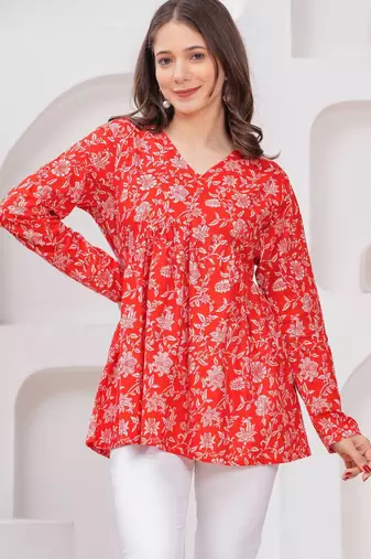 Womens red self design cotton fabric kurtis 3/4 sleeves v-neck