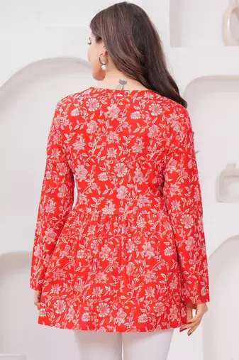 Womens red self design cotton fabric kurtis 3/4 sleeves v-neck