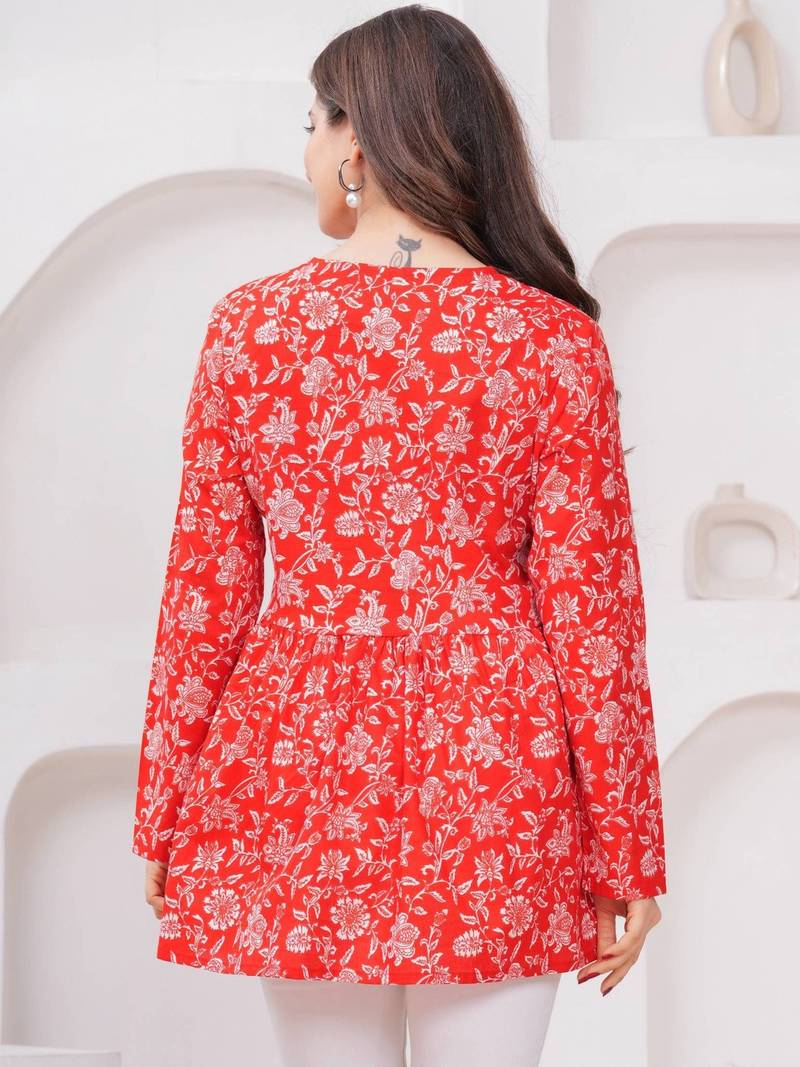 Womens red self design cotton fabric kurtis 3/4 sleeves v-neck