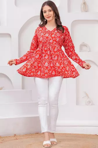 Womens red self design cotton fabric kurtis 3/4 sleeves v-neck