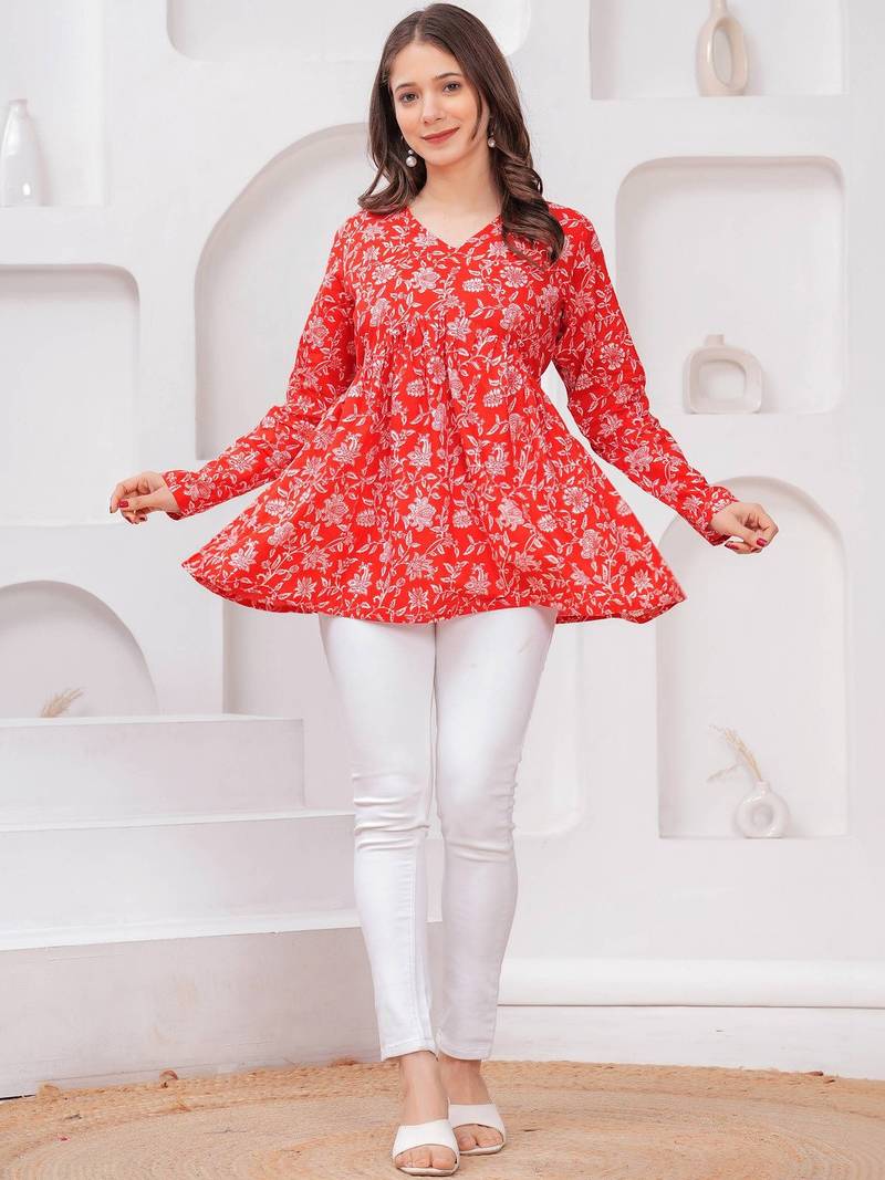Womens red self design cotton fabric kurtis 3/4 sleeves v-neck