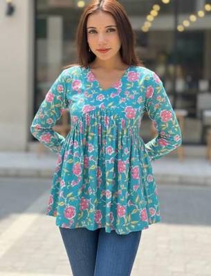 Womens teal self design cotton fabric kurtis 3/4 sleeves v-neck 1