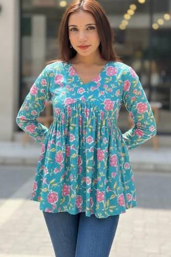 Womens teal self design cotton fabric kurtis 3/4 sleeves v-neck