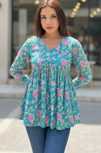 Womens teal self design cotton fabric kurtis 3/4 sleeves v-neck