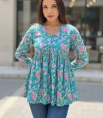 Womens teal self design cotton fabric kurtis 3/4 sleeves v-neck