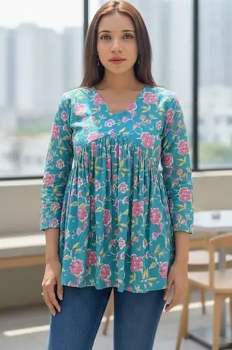 Womens teal self design cotton fabric kurtis 3/4 sleeves v-neck