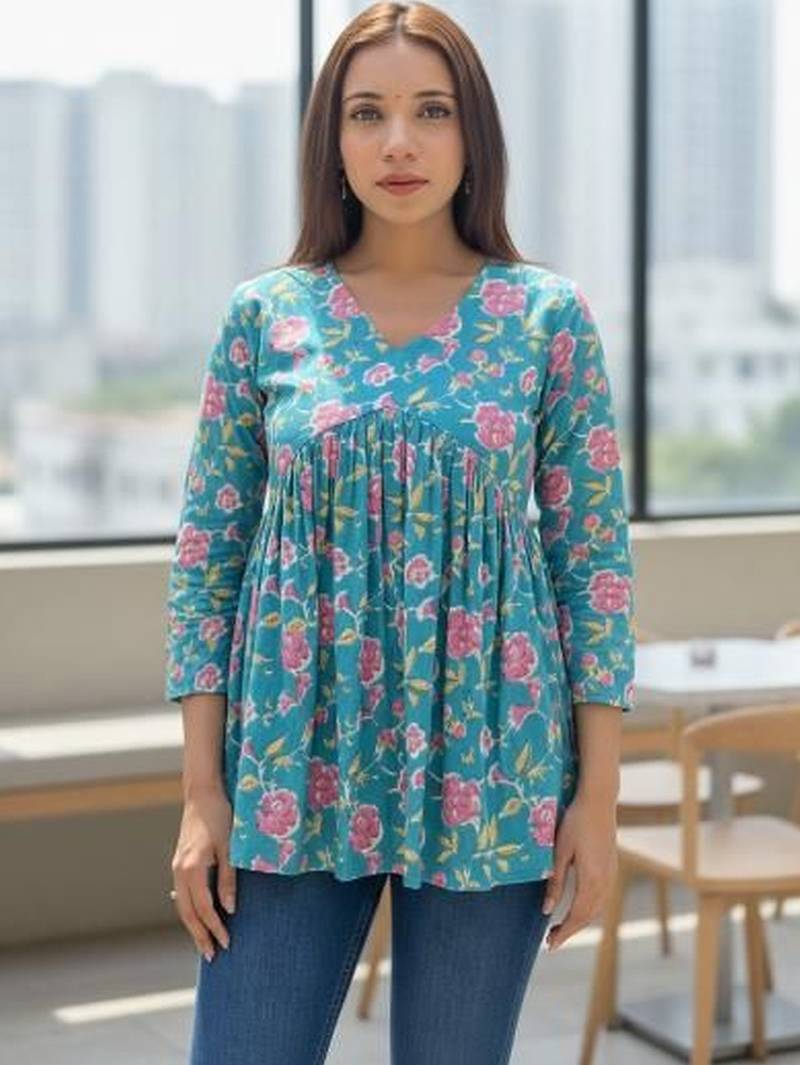 Womens teal self design cotton fabric kurtis 3/4 sleeves v-neck