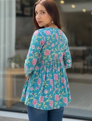 Womens teal self design cotton fabric kurtis 3/4 sleeves v-neck 3